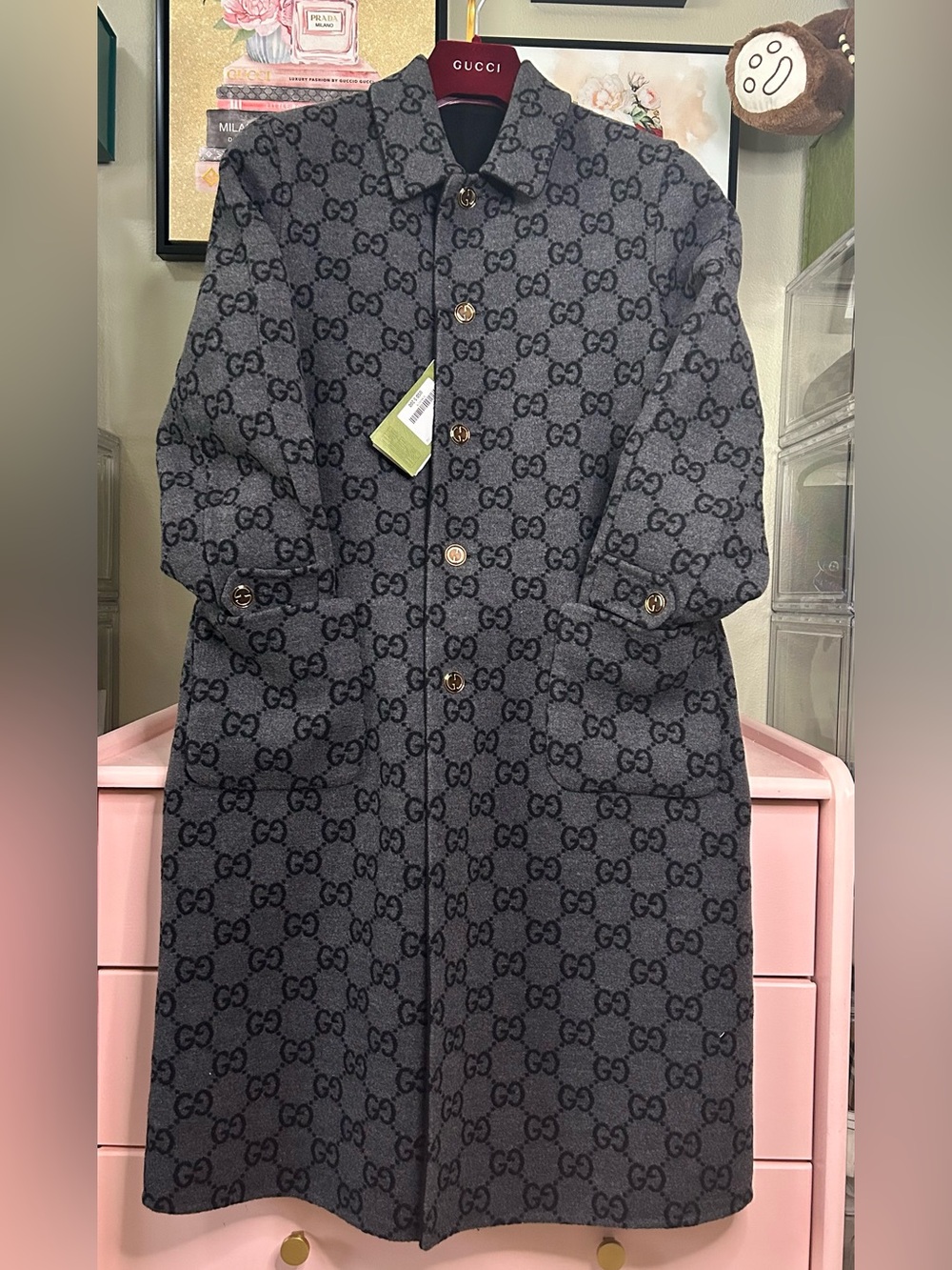 Gucci Double GG Reversible Wool Coat Black Grey Monogram Size 40 w/ Garment Bag